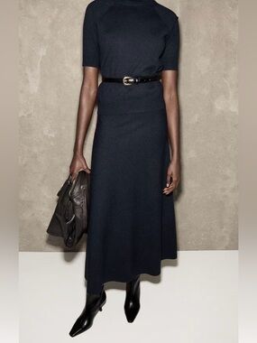 MANGO Classic Navy A-Line Midi Skirt with short sleeve wool blend sweater